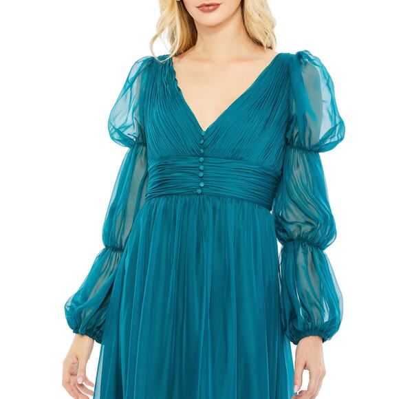 Mac Duggal NWT Teal Chiffon Ruched Tiered Puff Sleeve A Line Maxi Dress Size 6 - Picture 2 of 8